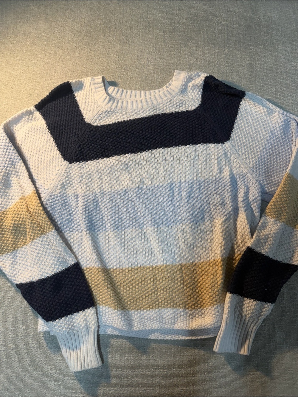 Hollister Navy, White & Tan Striped Crewneck Sweater
